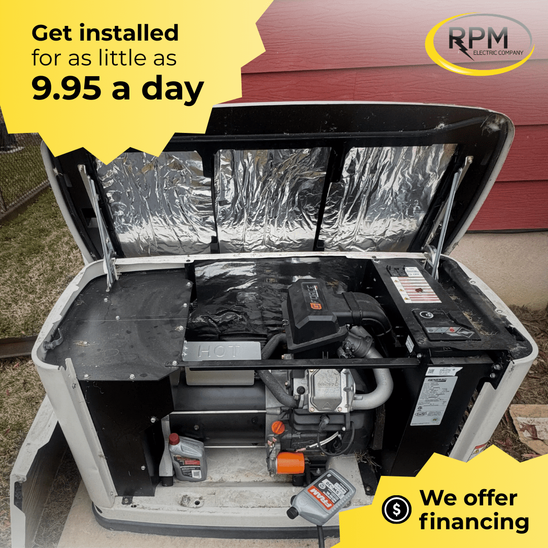 A standby generator with its cover open is shown outside a building. Text advertises installation from $9.95 a day and financing options by RPM Electric Company.